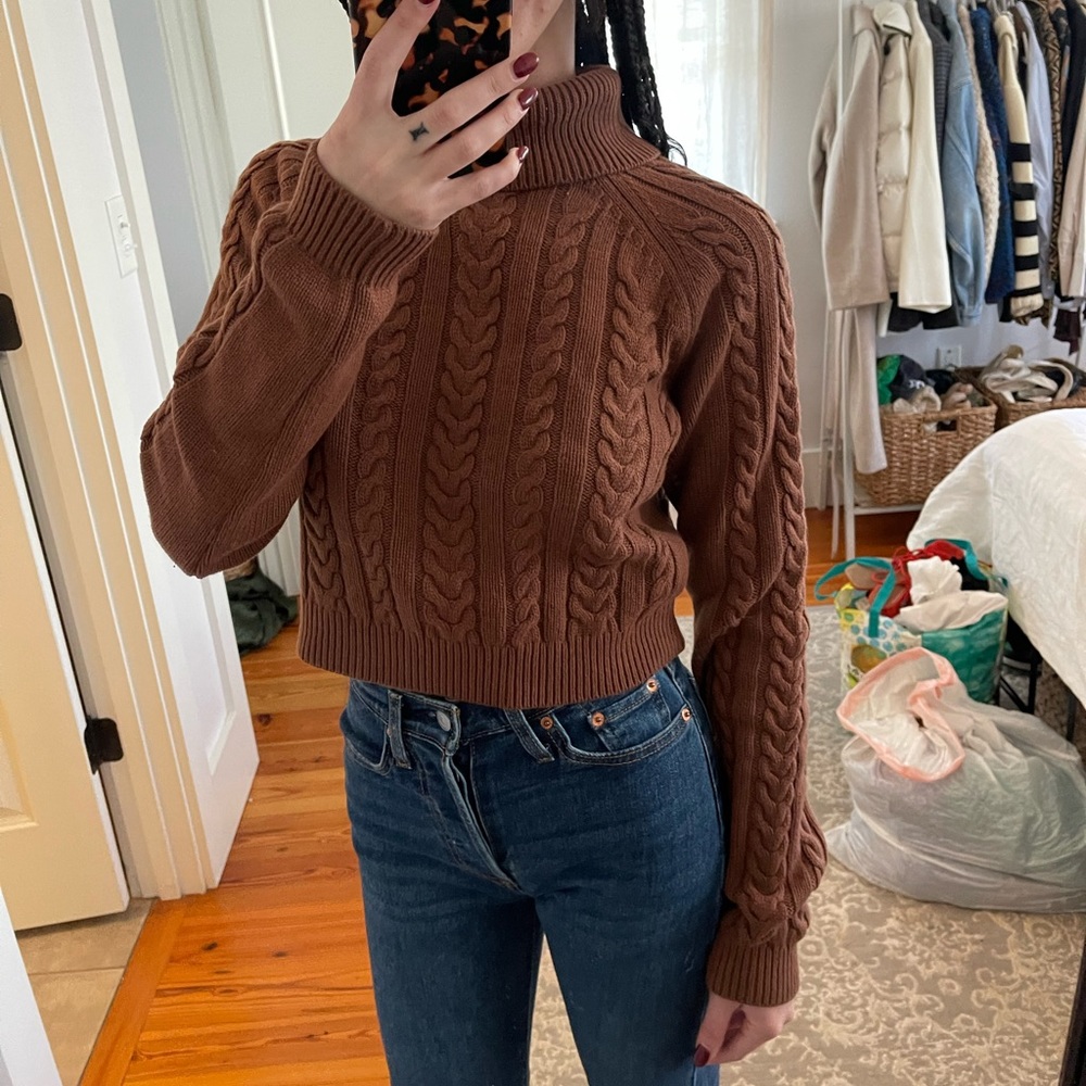 Aritzia brown turtleneck cableknit sweater